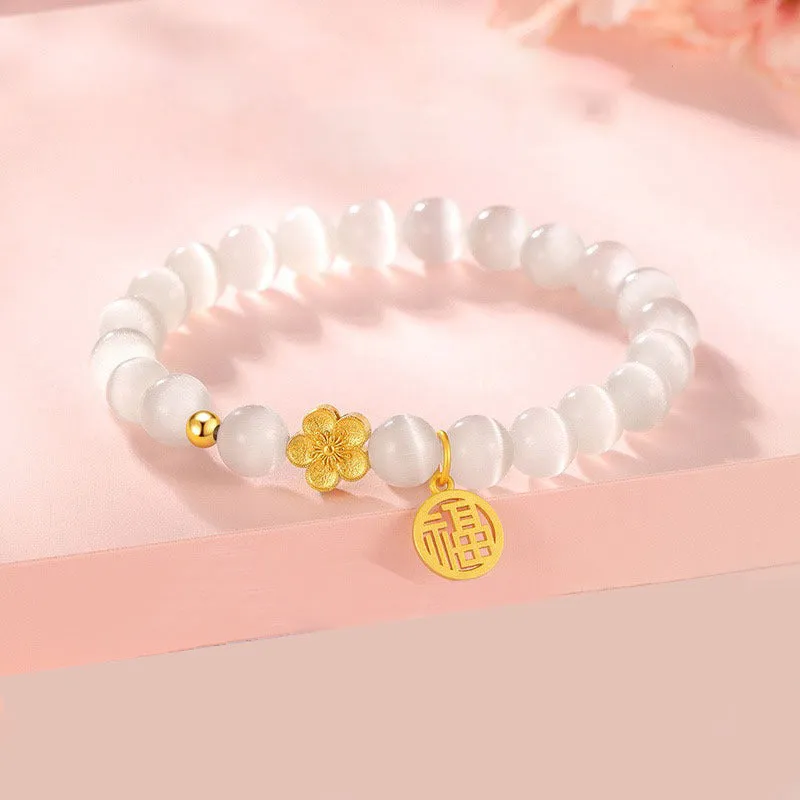 Opal and Peach Blossom Sterling Silver Bracelet - New Chinese National Style Jewelry