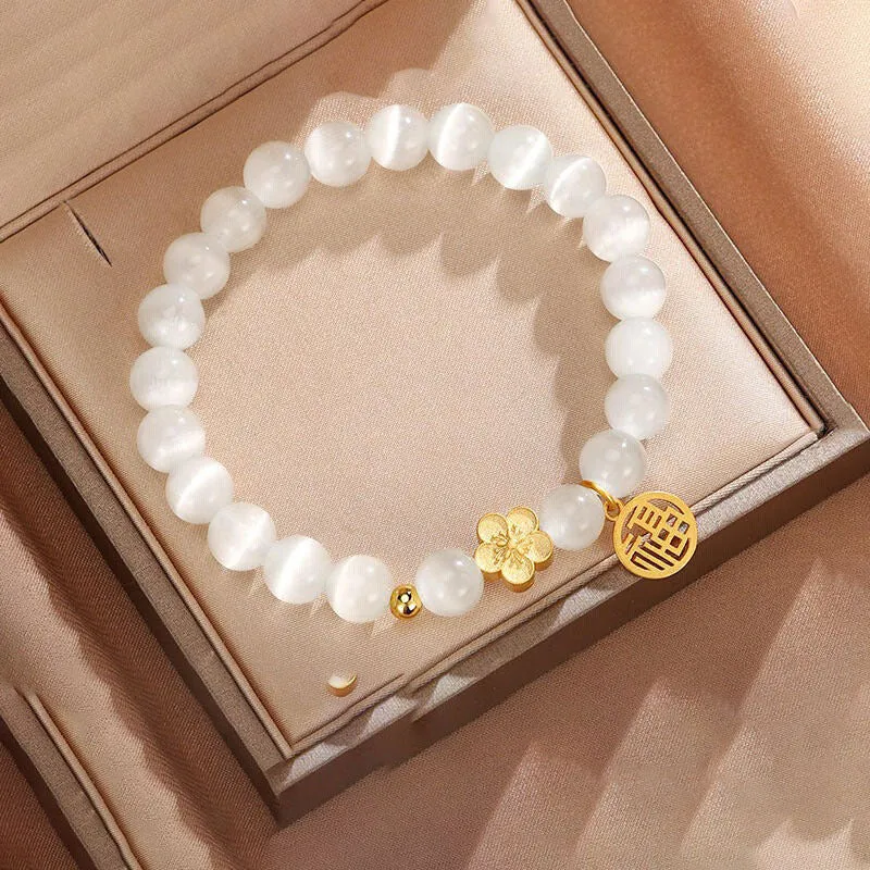 Opal and Peach Blossom Sterling Silver Bracelet - New Chinese National Style Jewelry