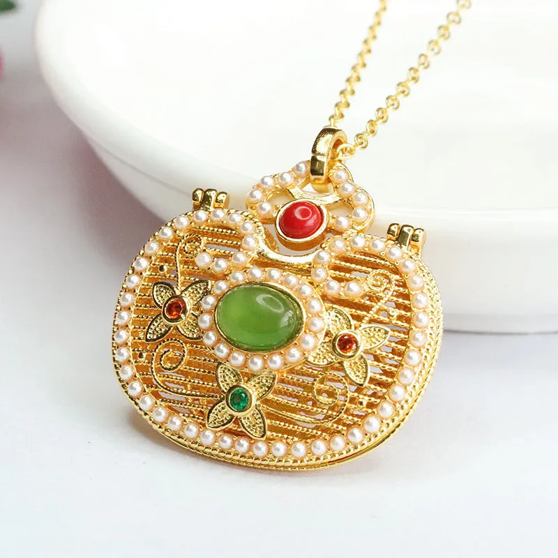 Palace Style Sterling Silver Red Sachet Jade Pendant Necklace