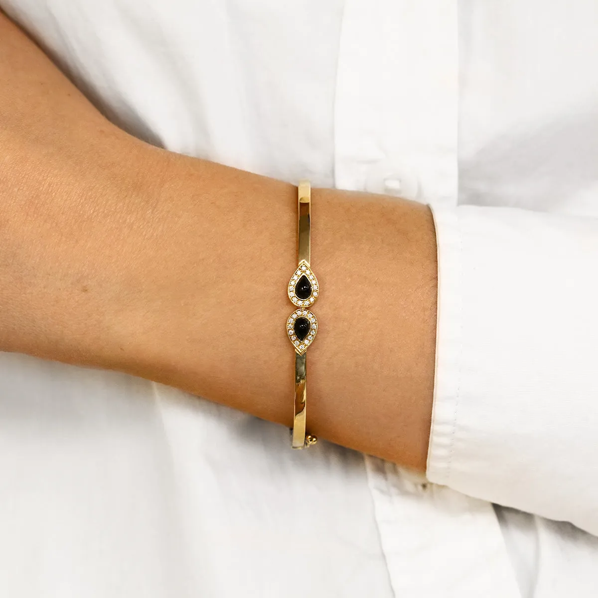 Pear Onyx and Diamond Halo Bangle | Pre-Loved | 18K Yellow Gold