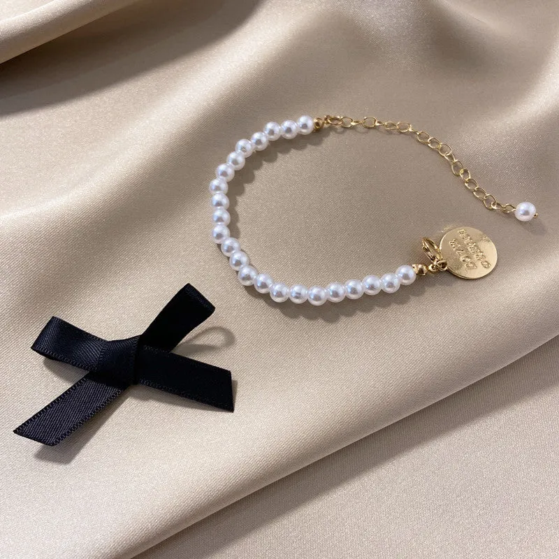 Pearl Beaded with Black Bow & Letter Bracelet