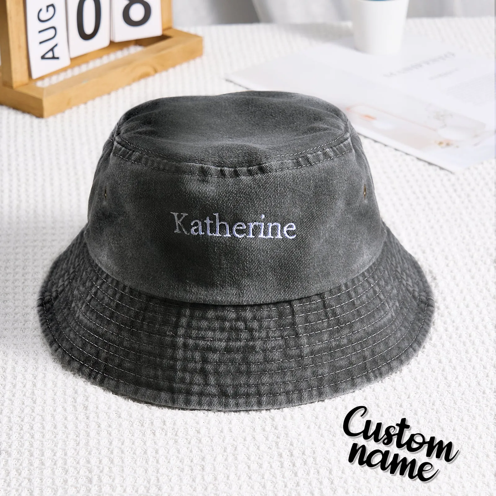 Personalised Denim Bucket Hat Custom Name Embroidery Design Gift for Friends