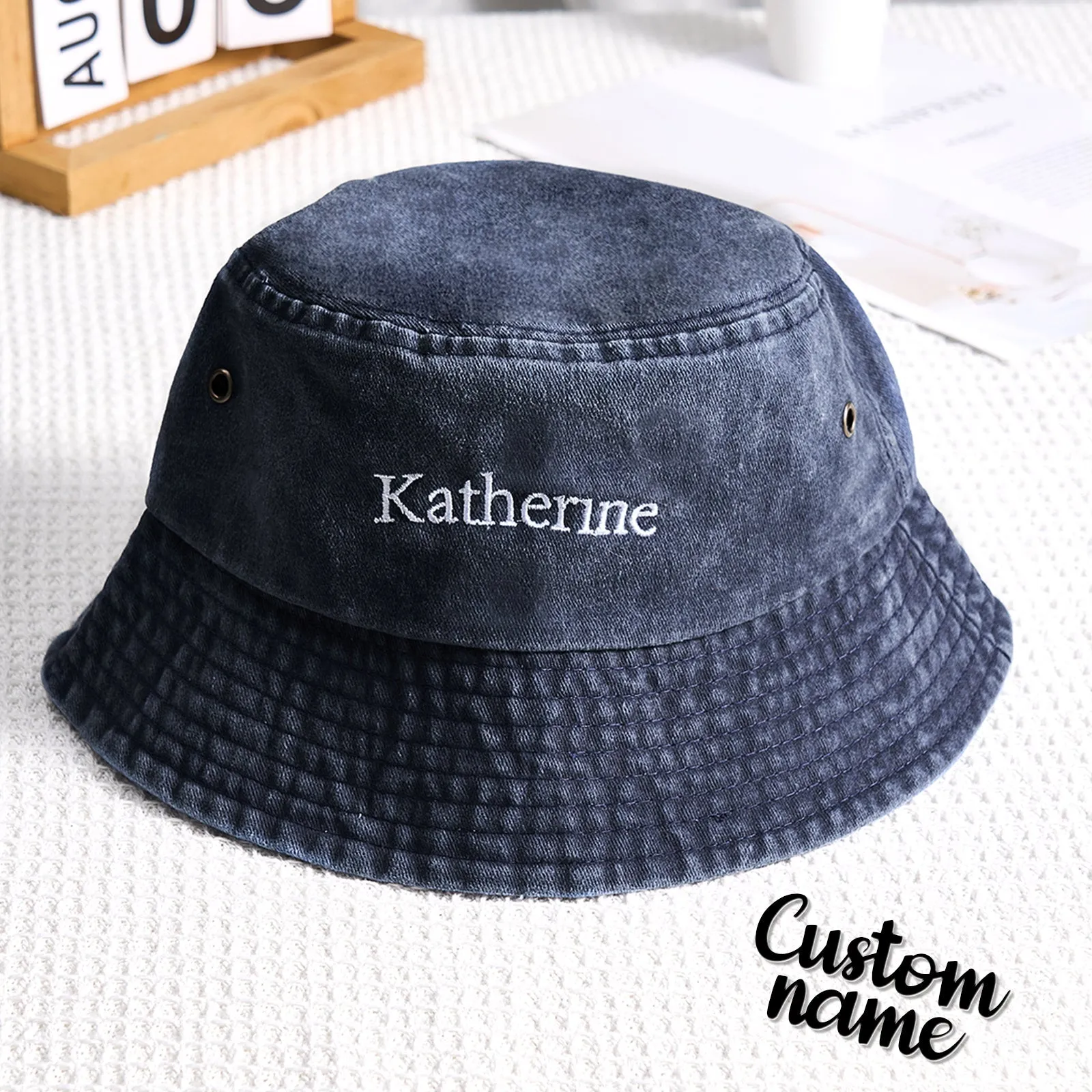 Personalised Denim Bucket Hat Custom Name Embroidery Design Gift for Friends