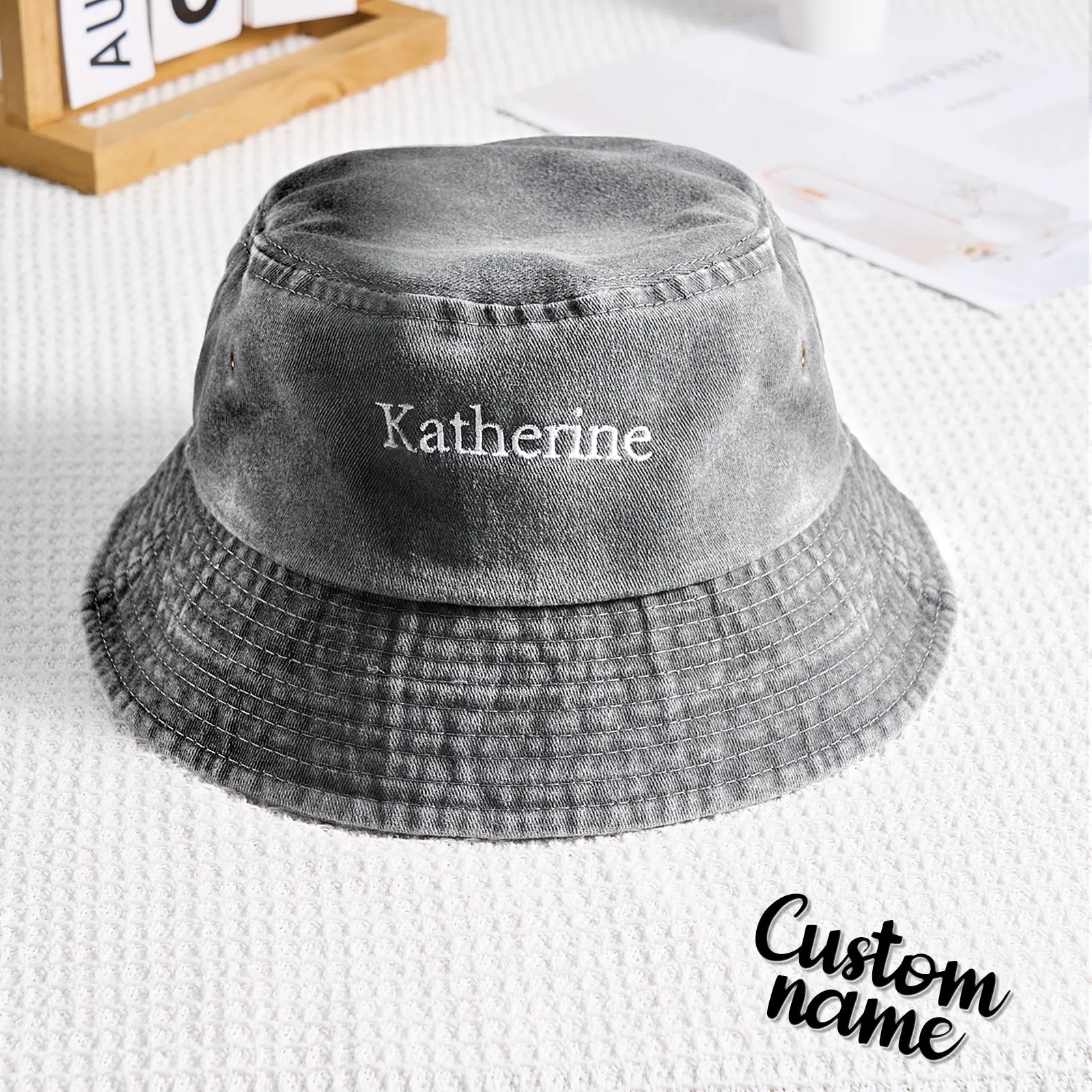 Personalised Denim Bucket Hat Custom Name Embroidery Design Gift for Friends