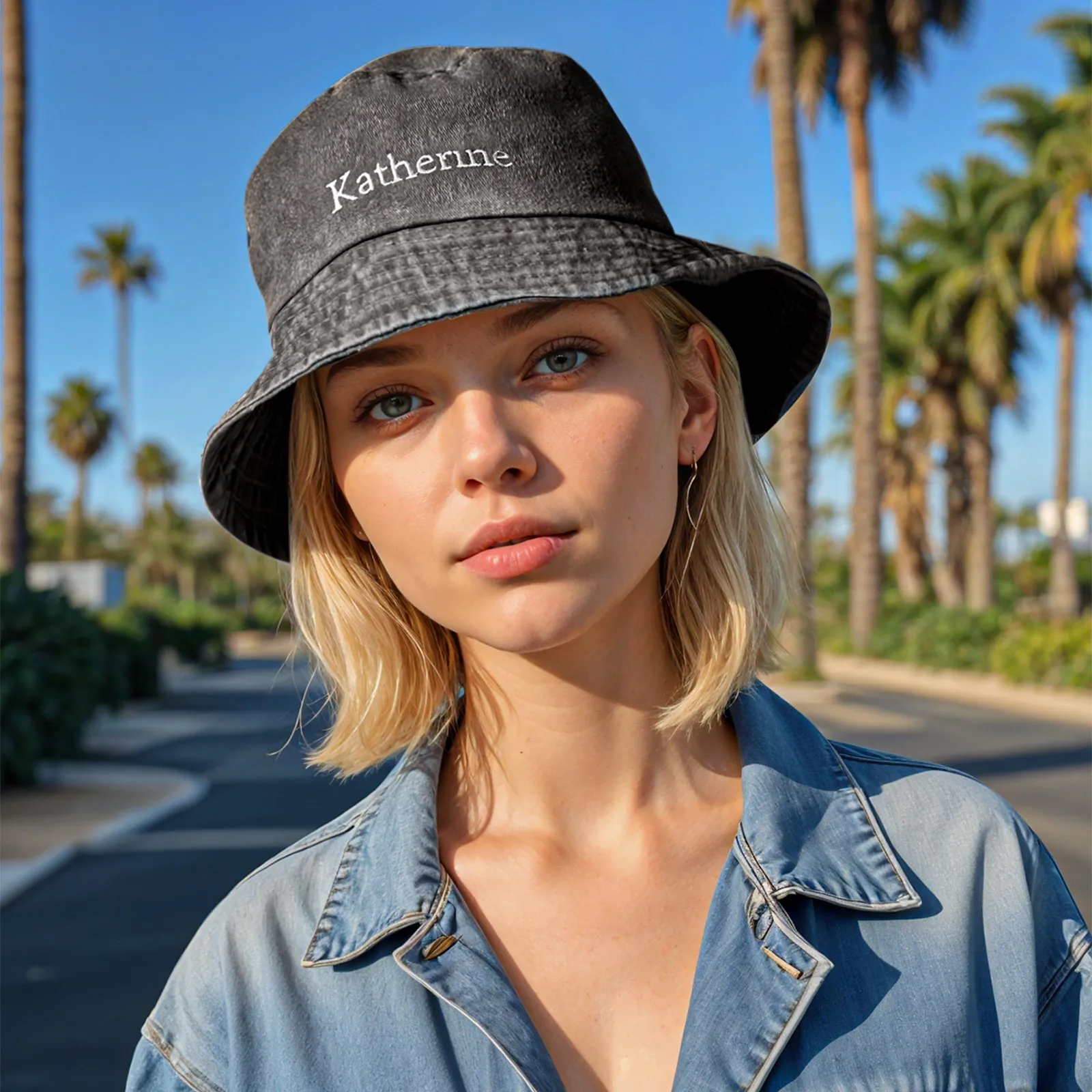 Personalised Denim Bucket Hat Custom Name Embroidery Design Gift for Friends