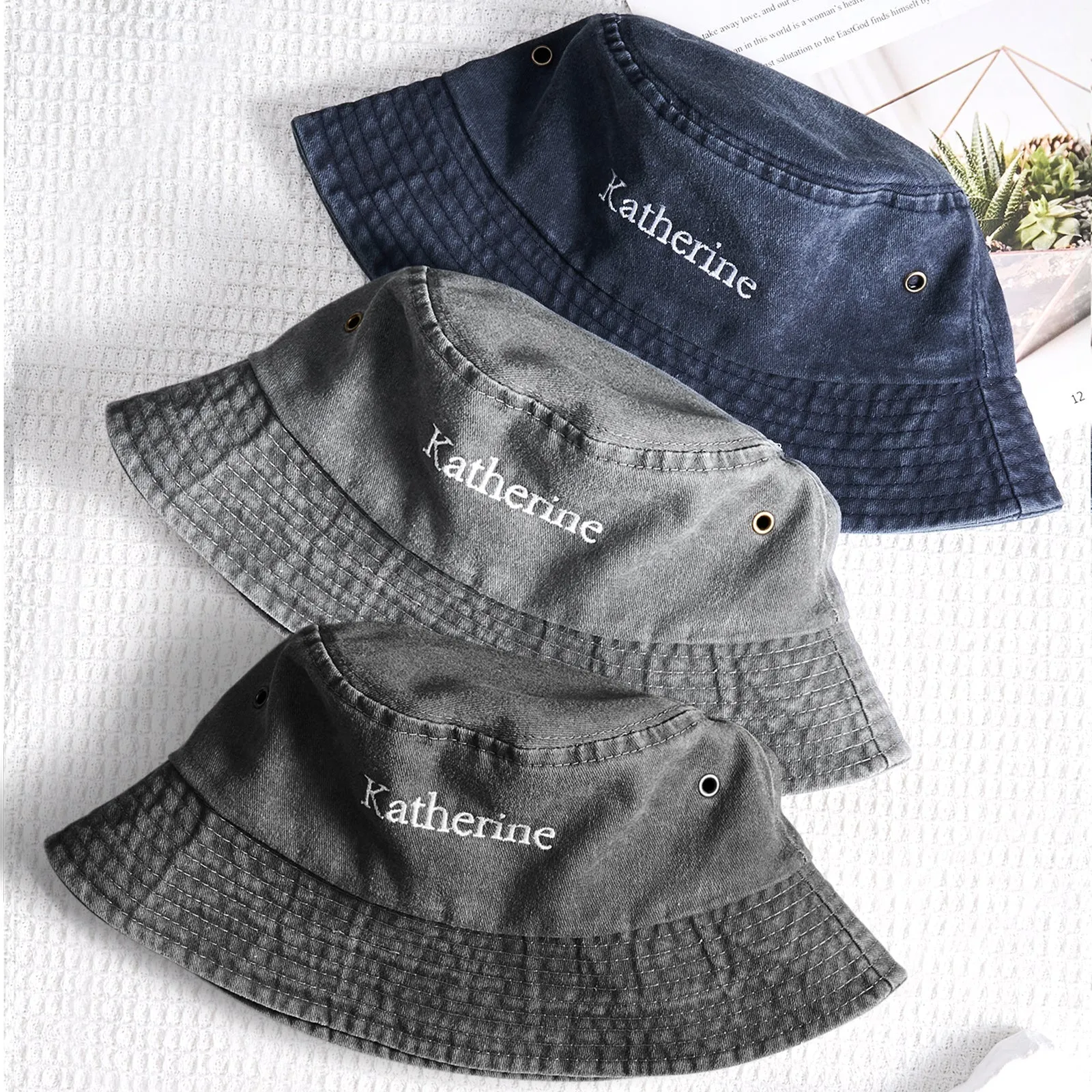 Personalised Denim Bucket Hat Custom Name Embroidery Design Gift for Friends