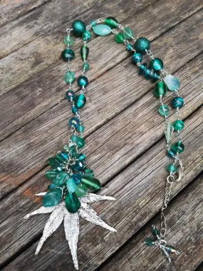 "Hemp", long line beaded necklace, with silver plated flat leaf design,