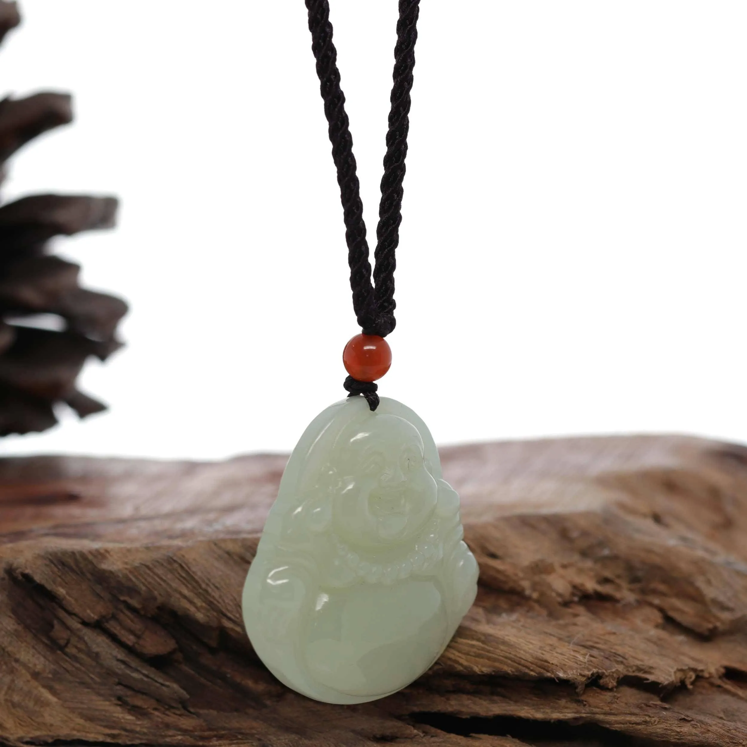"Laughing Buddha" Genuine White Jade Pendant Necklace