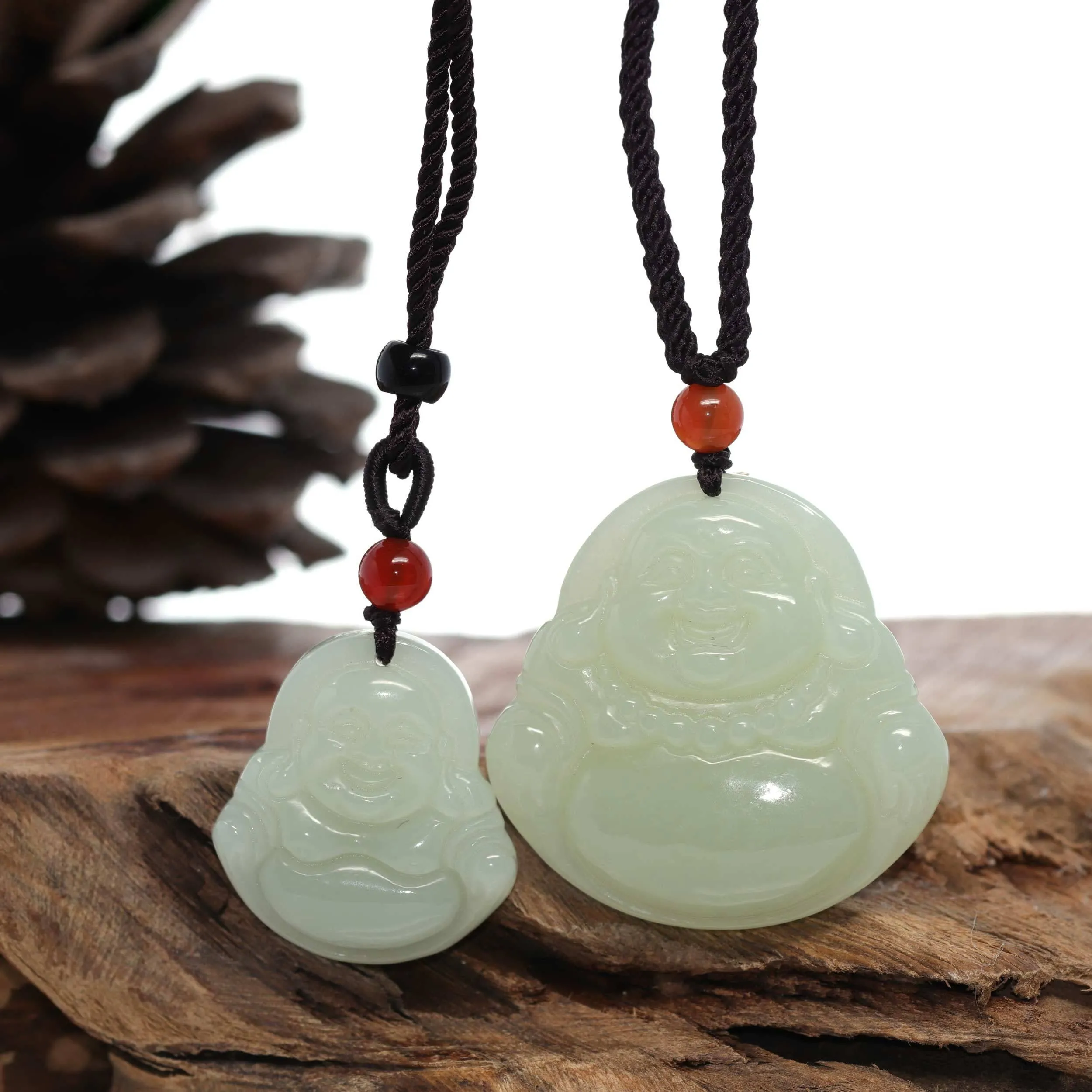 "Laughing Buddha" Genuine White Jade Pendant Necklace