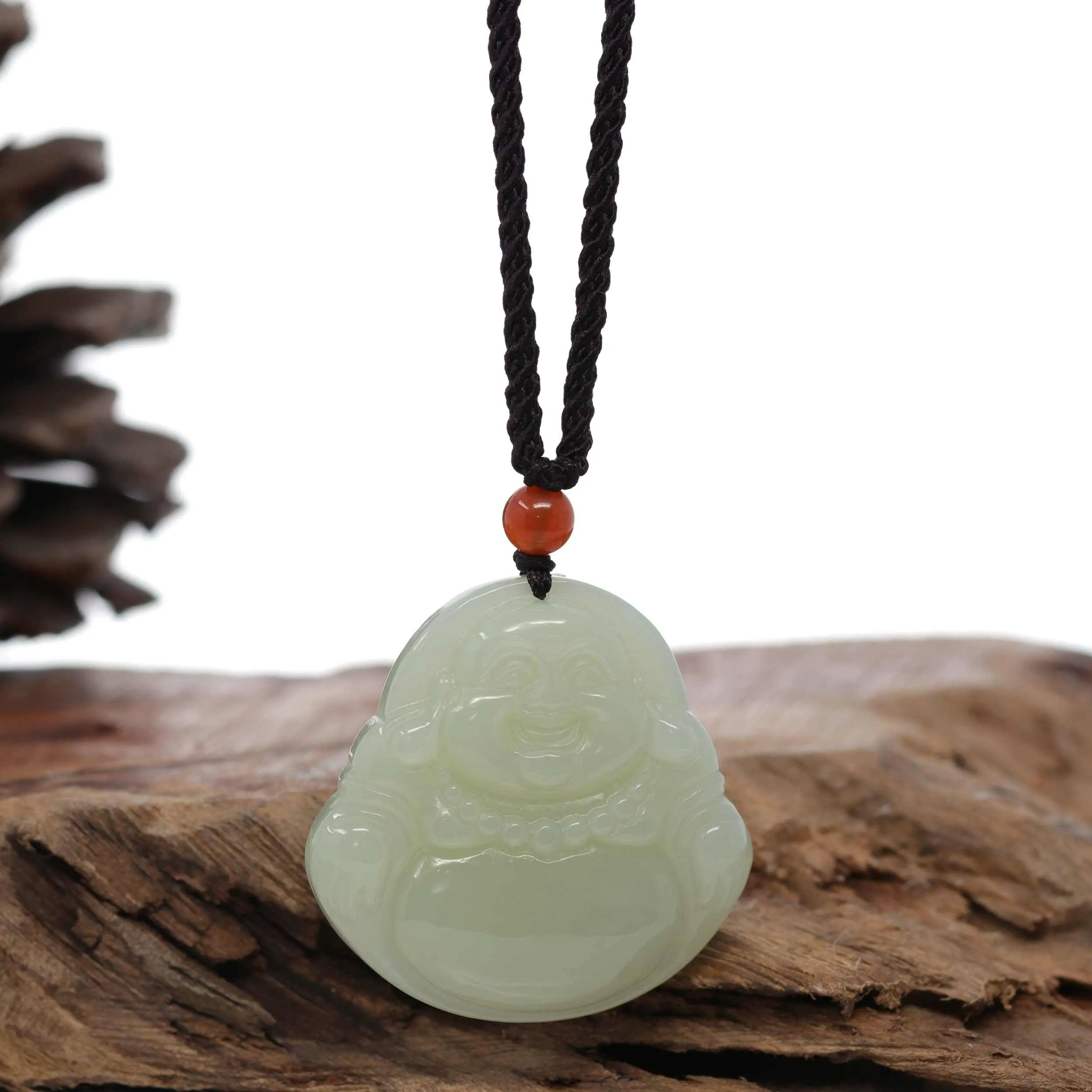 "Laughing Buddha" Genuine White Jade Pendant Necklace