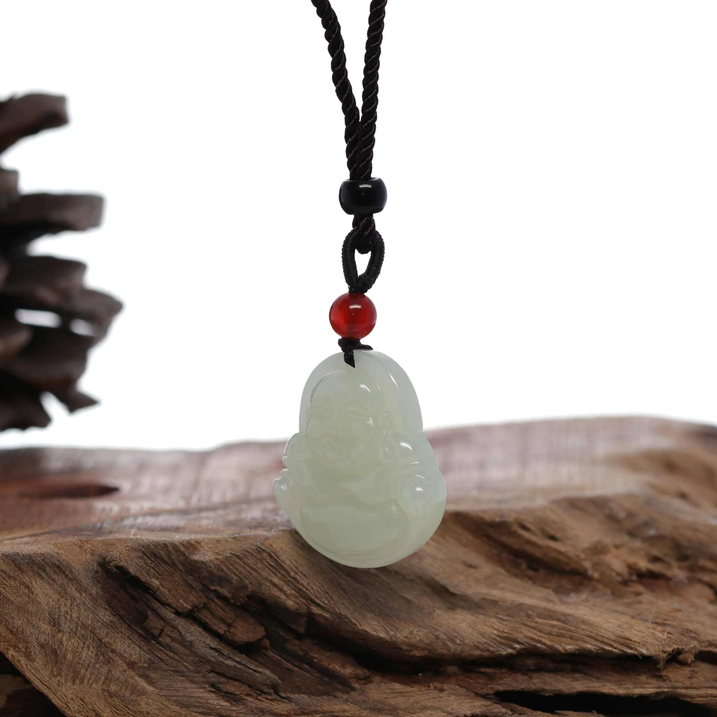"Laughing Buddha" Genuine White Jade Pendant Necklace