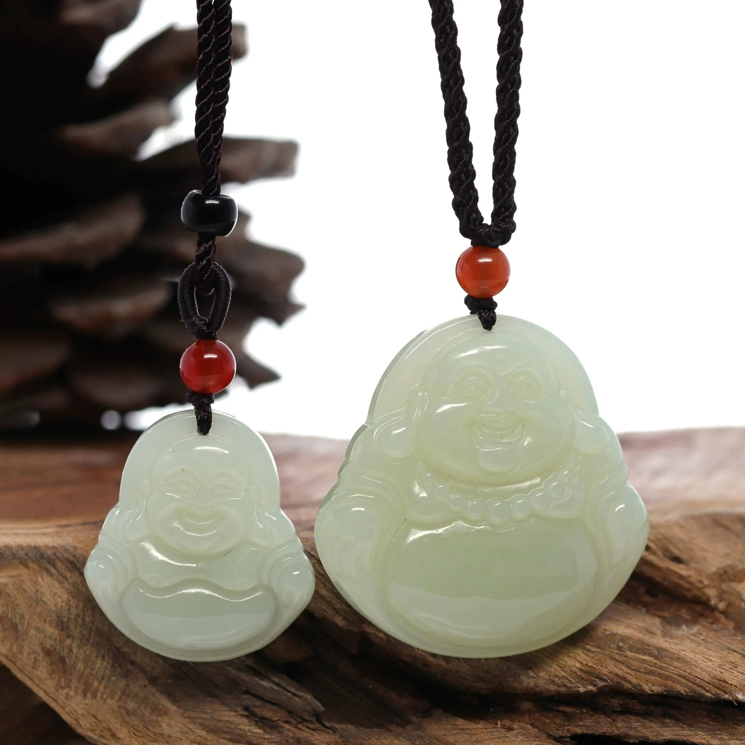 "Laughing Buddha" Genuine White Jade Pendant Necklace
