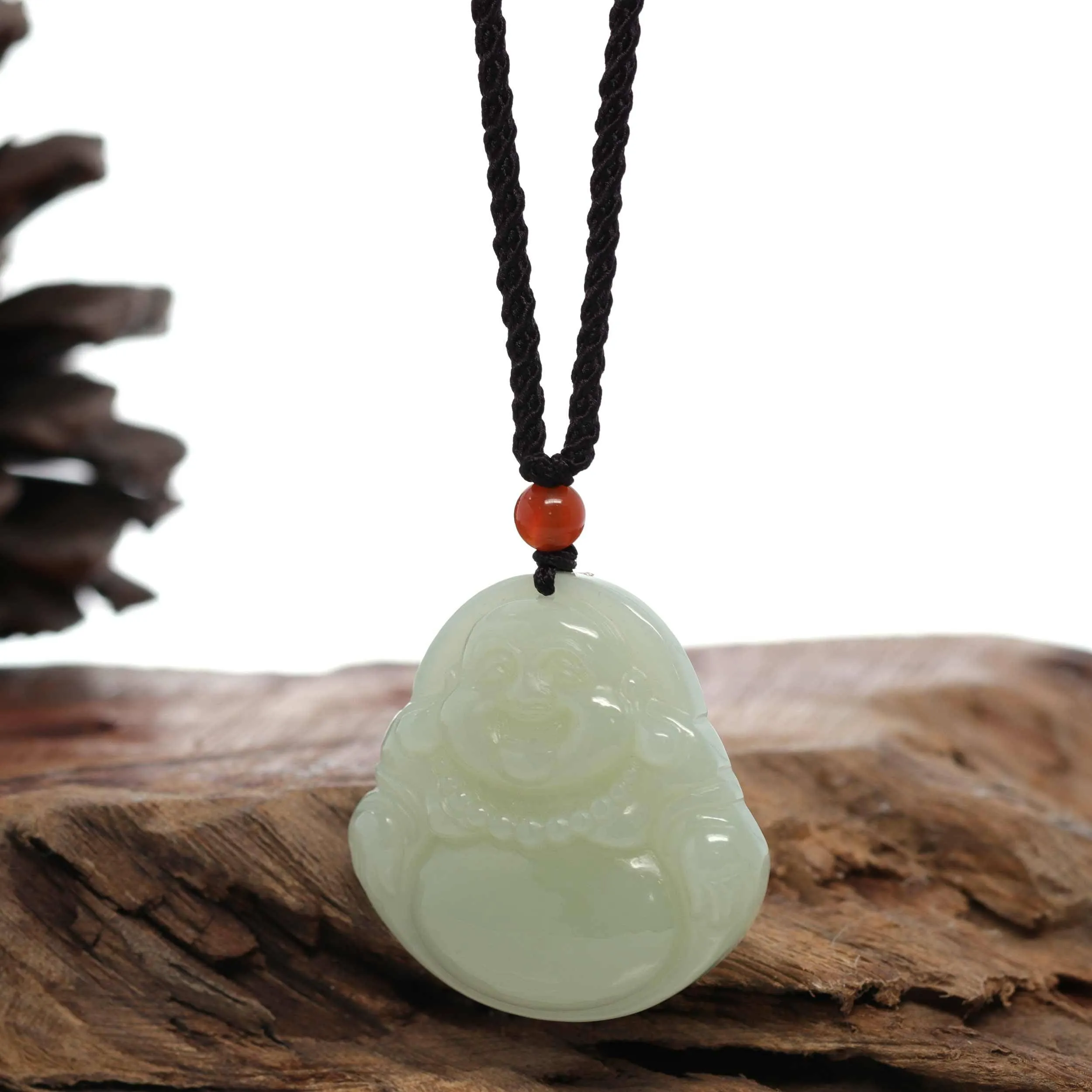 "Laughing Buddha" Genuine White Jade Pendant Necklace