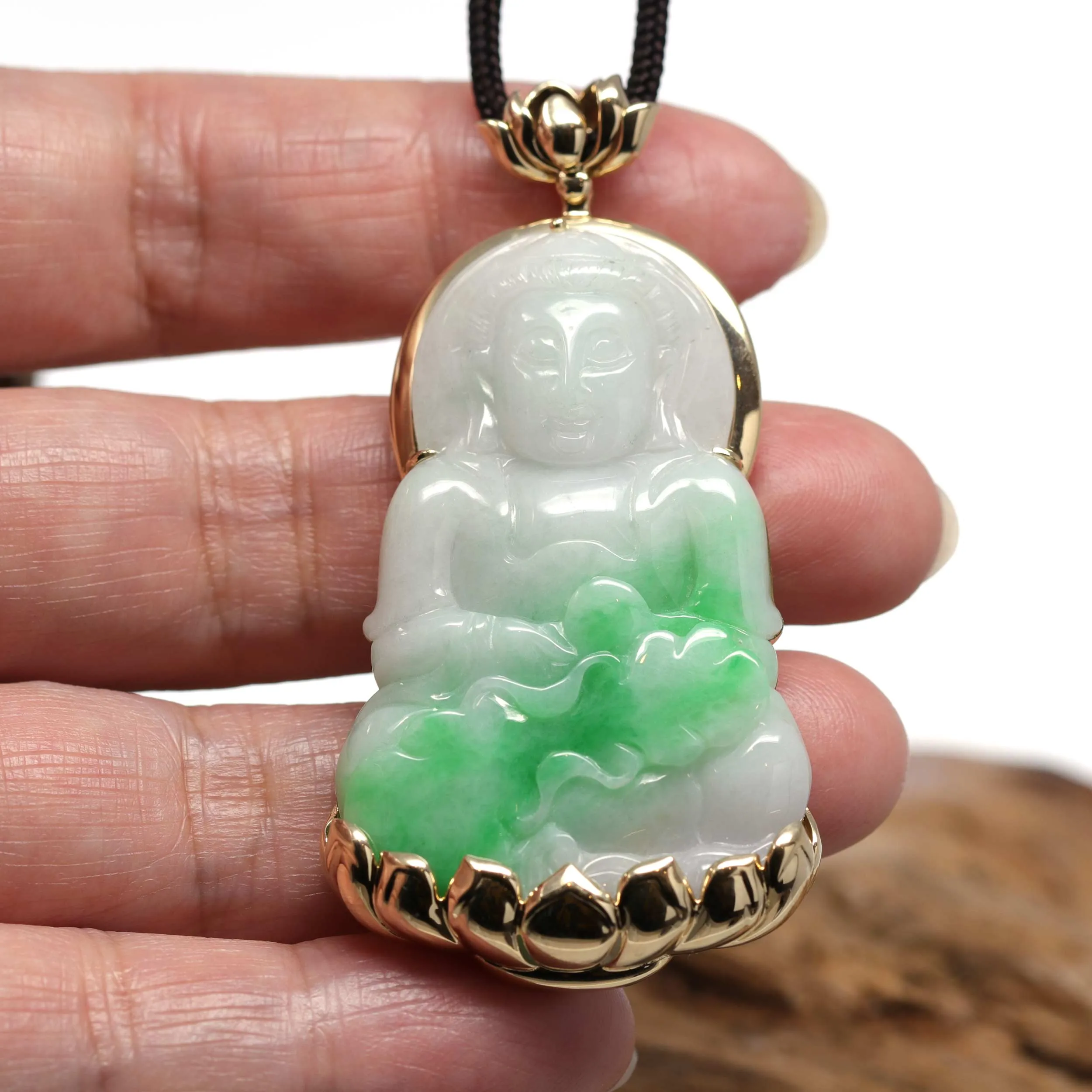 RealJade® 14k "Goddess of Compassion" Genuine Burmese Jadeite Jade Guanyin Lotus Necklace