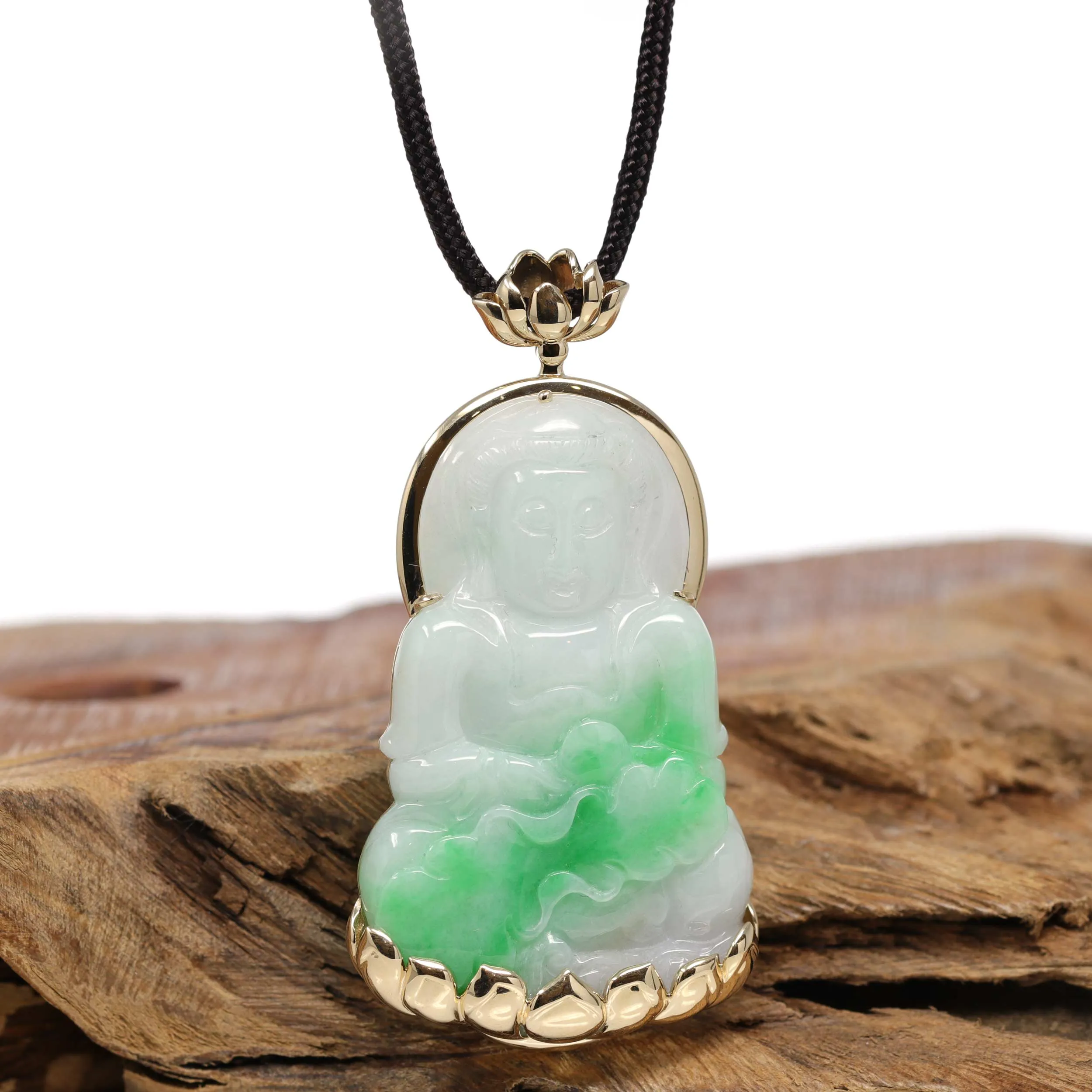RealJade® 14k "Goddess of Compassion" Genuine Burmese Jadeite Jade Guanyin Lotus Necklace