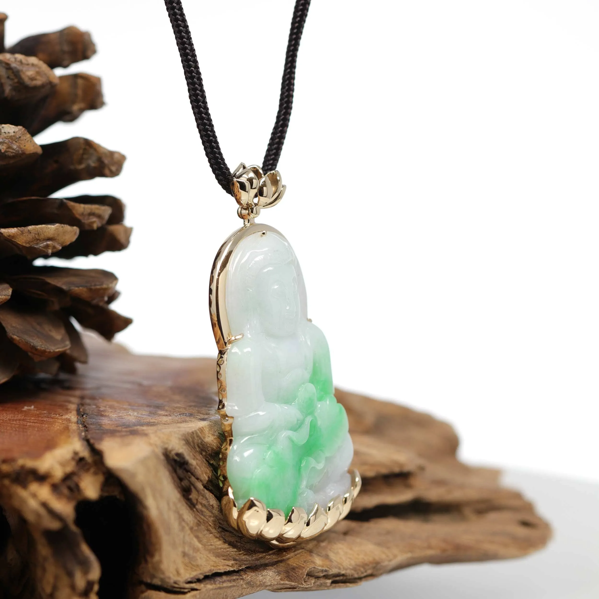 RealJade® 14k "Goddess of Compassion" Genuine Burmese Jadeite Jade Guanyin Lotus Necklace