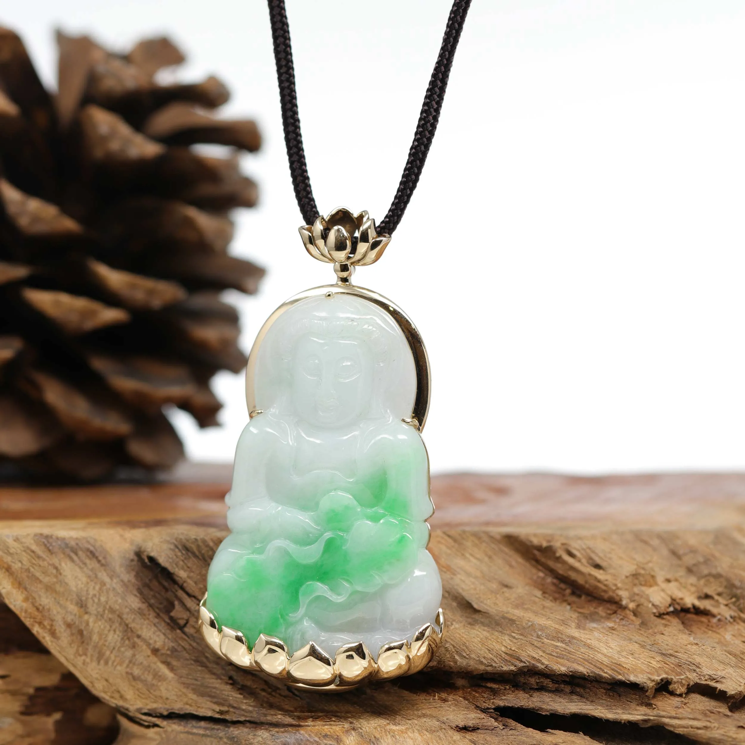 RealJade® 14k "Goddess of Compassion" Genuine Burmese Jadeite Jade Guanyin Lotus Necklace