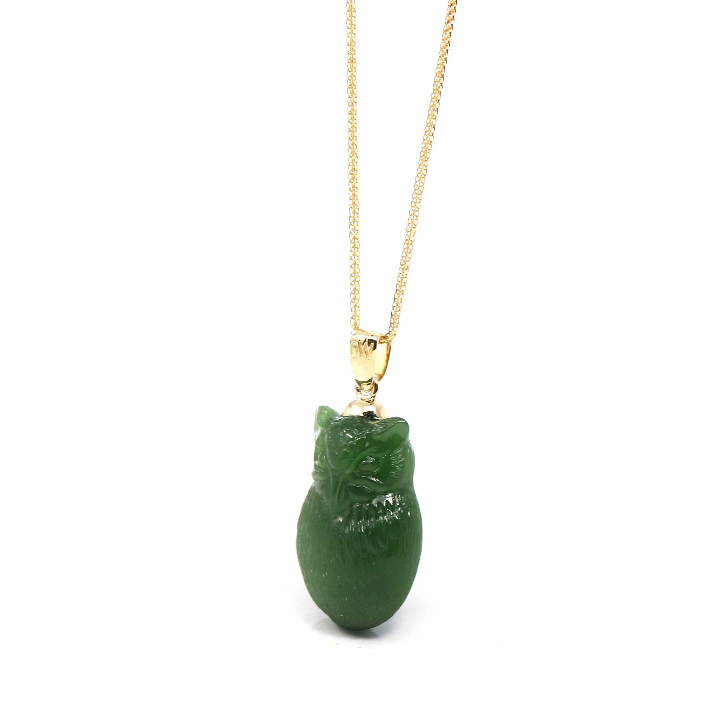RealJade® Co. Genuine Green Nephrite Jade Lucky Owl Pendant Necklace With 14k Yellow Gold Bail