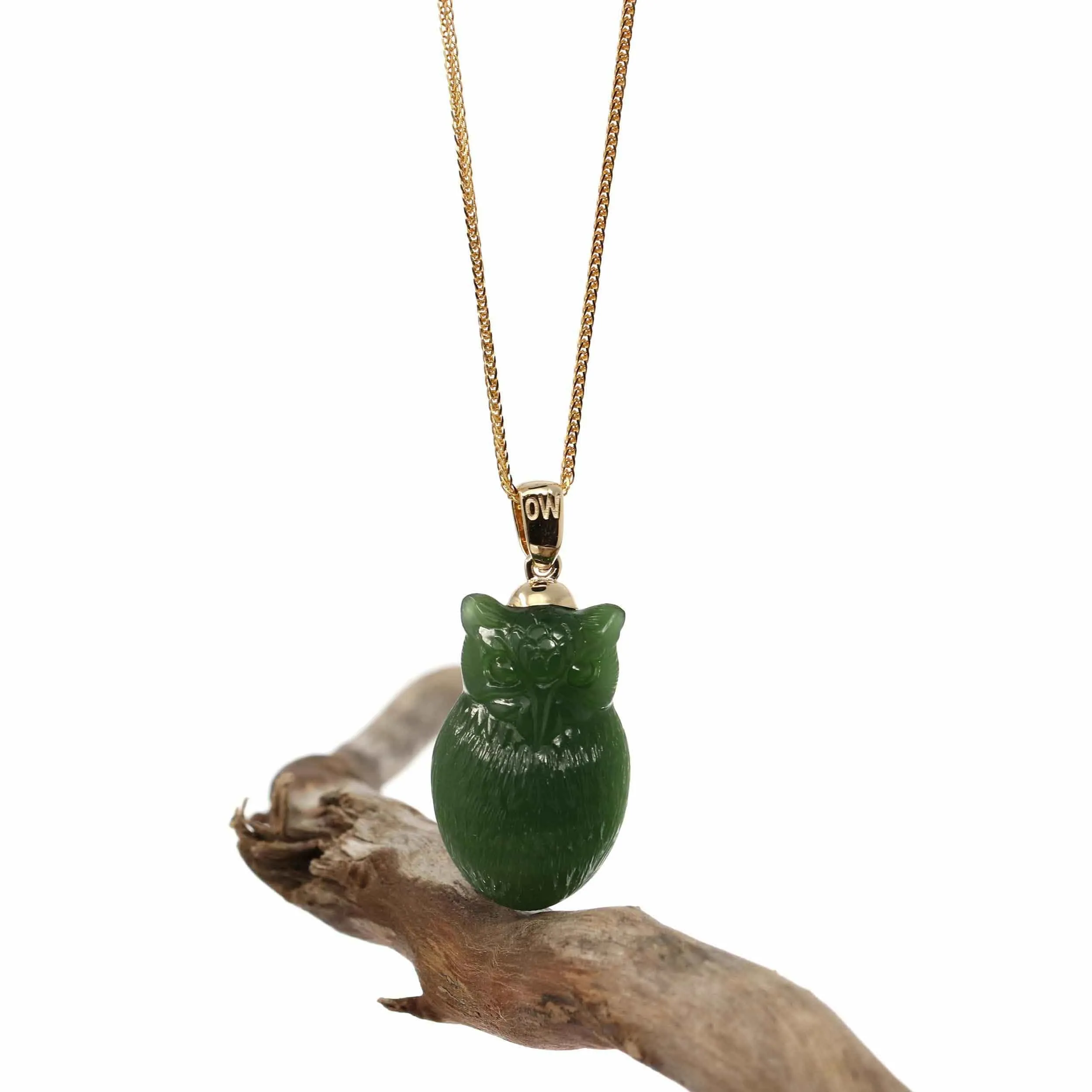RealJade® Co. Genuine Green Nephrite Jade Lucky Owl Pendant Necklace With 14k Yellow Gold Bail