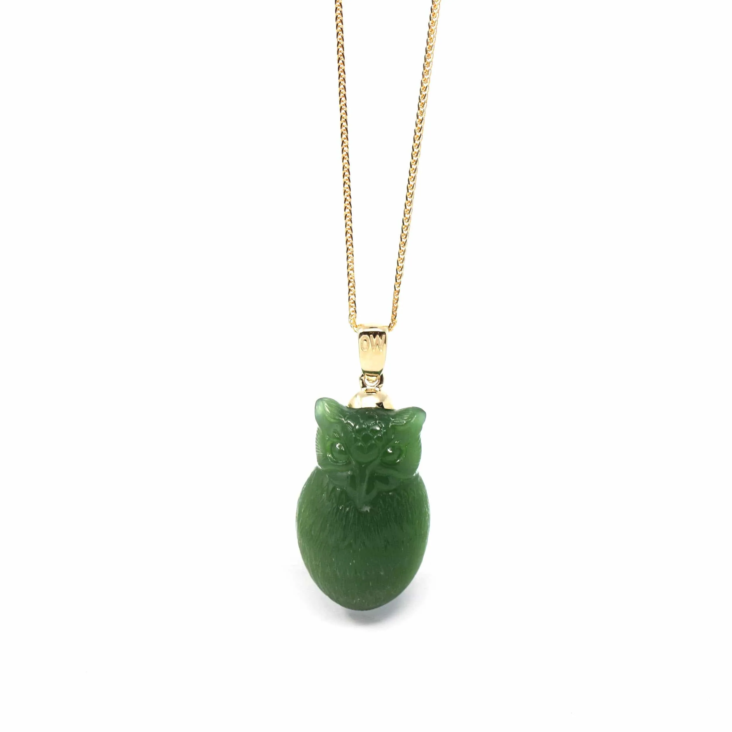 RealJade® Co. Genuine Green Nephrite Jade Lucky Owl Pendant Necklace With 14k Yellow Gold Bail