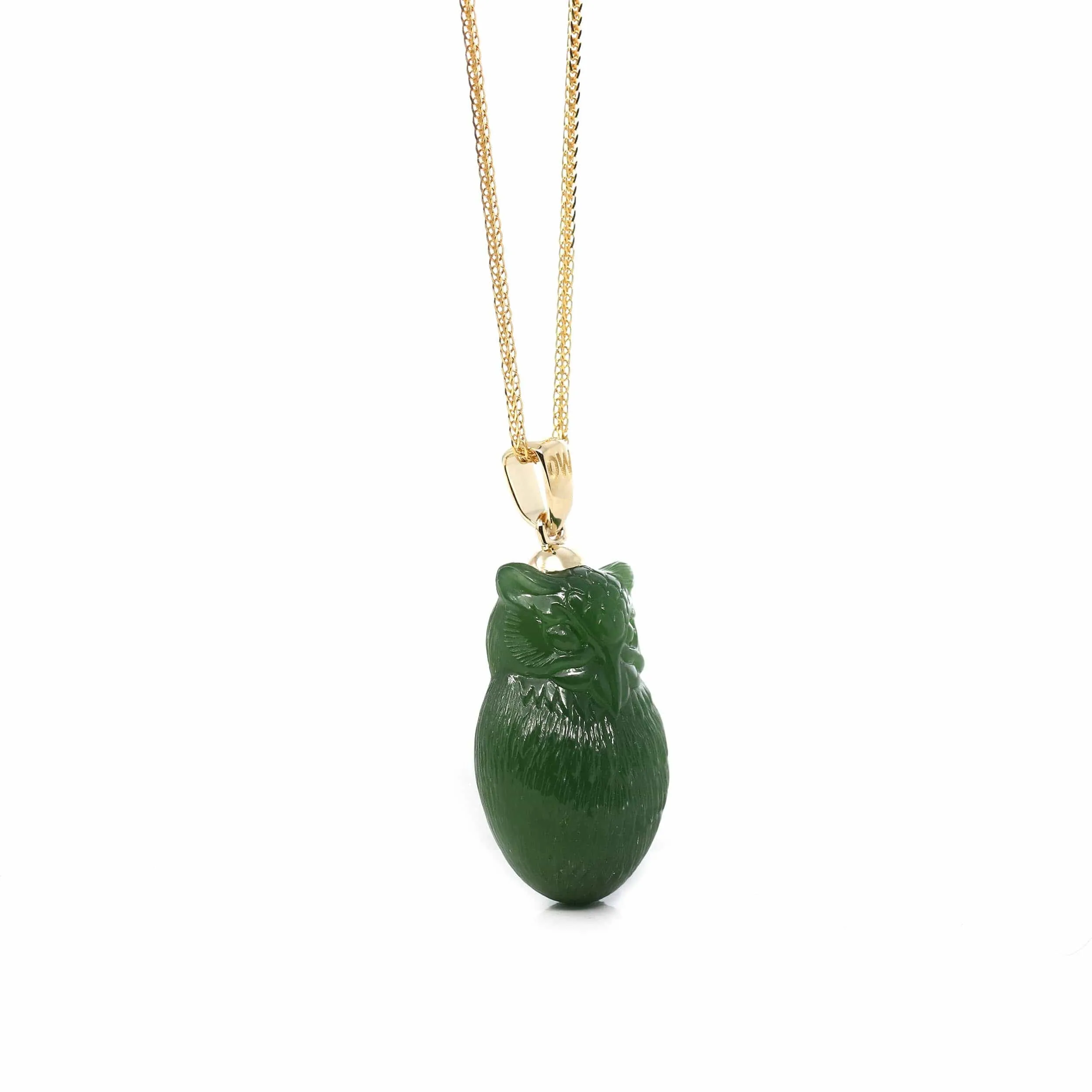 RealJade® Co. Genuine Green Nephrite Jade Lucky Owl Pendant Necklace With 14k Yellow Gold Bail