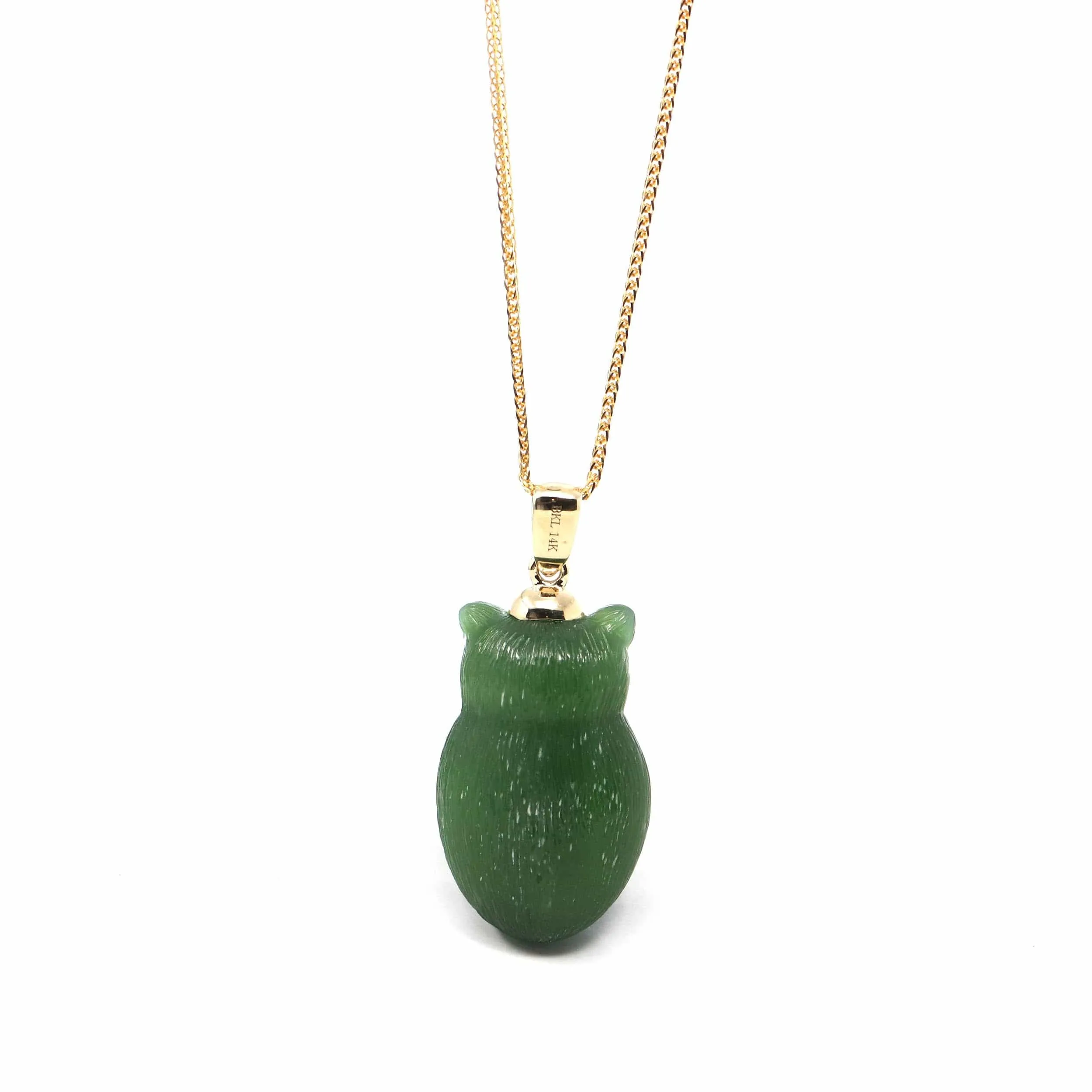 RealJade® Co. Genuine Green Nephrite Jade Lucky Owl Pendant Necklace With 14k Yellow Gold Bail