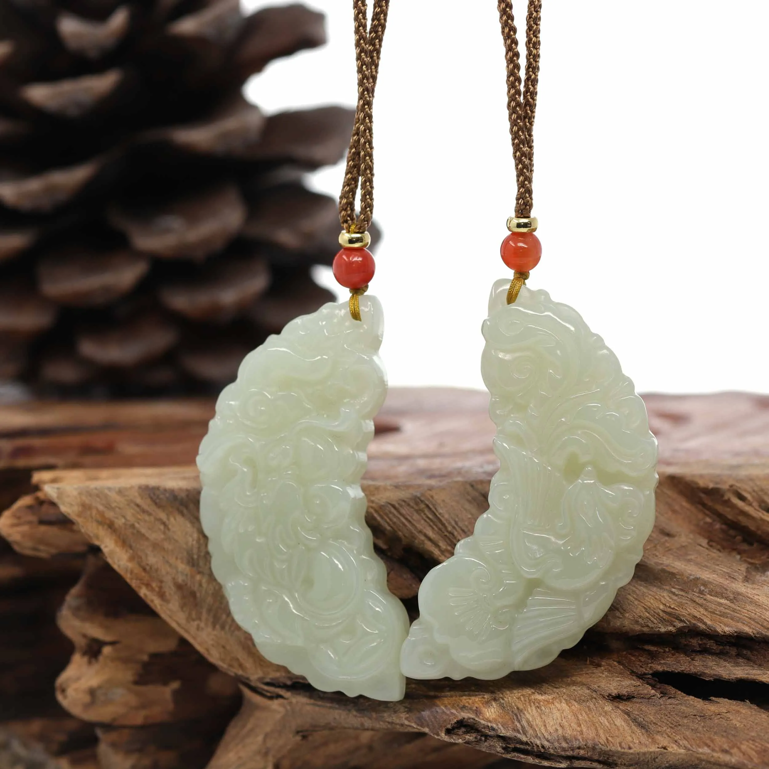 RealJade® Co. "Dragon & Phoenix" Genuine HeTian White Nephrite Jade Pendant Necklace