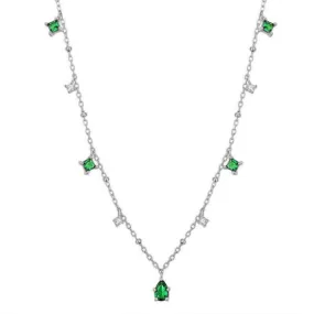 Retro Jewelry Emerald Necklace with Rhinestone for Women in Silver Color