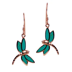 Rose Gold Created Green Turquoise Dragonfly Earrings