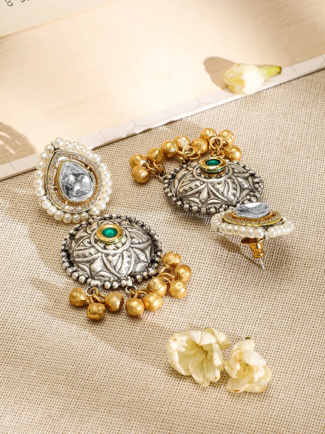 Rubans Oxidised Silver-Plated Choker Necklace Set with Ruby Red, Emerald Green, Pearl & Gold Beads