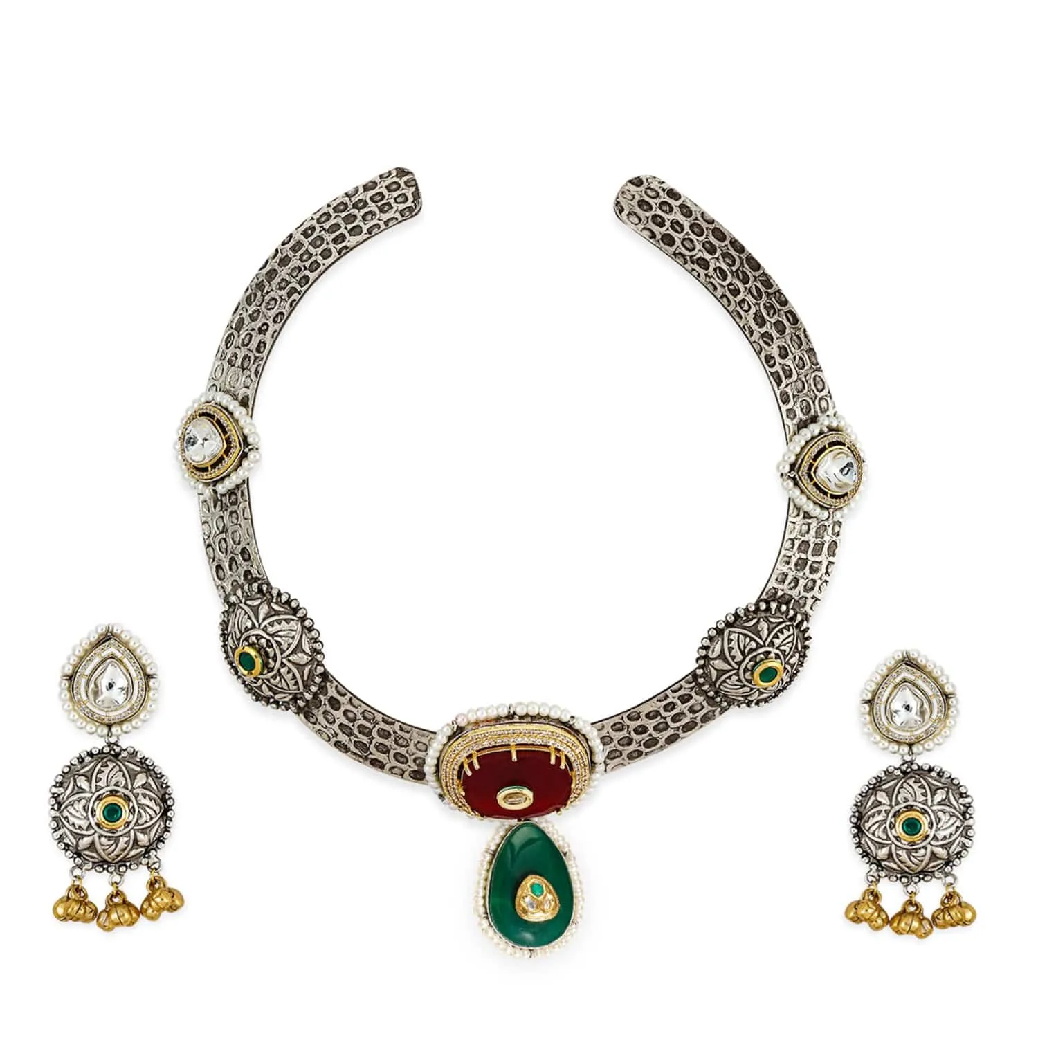 Rubans Oxidised Silver-Plated Choker Necklace Set with Ruby Red, Emerald Green, Pearl & Gold Beads