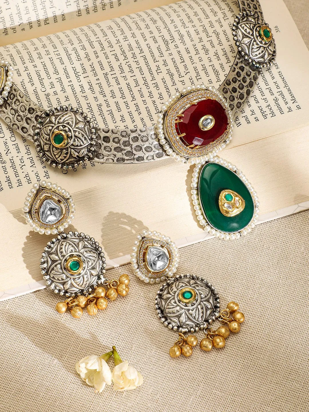 Rubans Oxidised Silver-Plated Choker Necklace Set with Ruby Red, Emerald Green, Pearl & Gold Beads