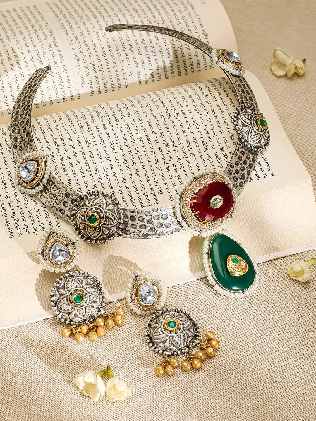 Rubans Oxidised Silver-Plated Choker Necklace Set with Ruby Red, Emerald Green, Pearl & Gold Beads