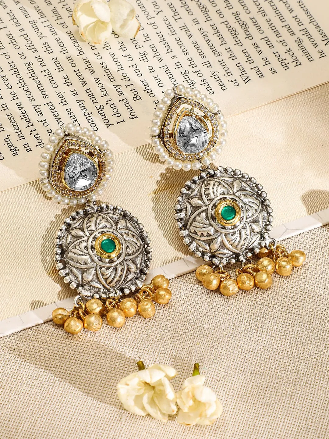 Rubans Oxidised Silver-Plated Choker Necklace Set with Ruby Red, Emerald Green, Pearl & Gold Beads