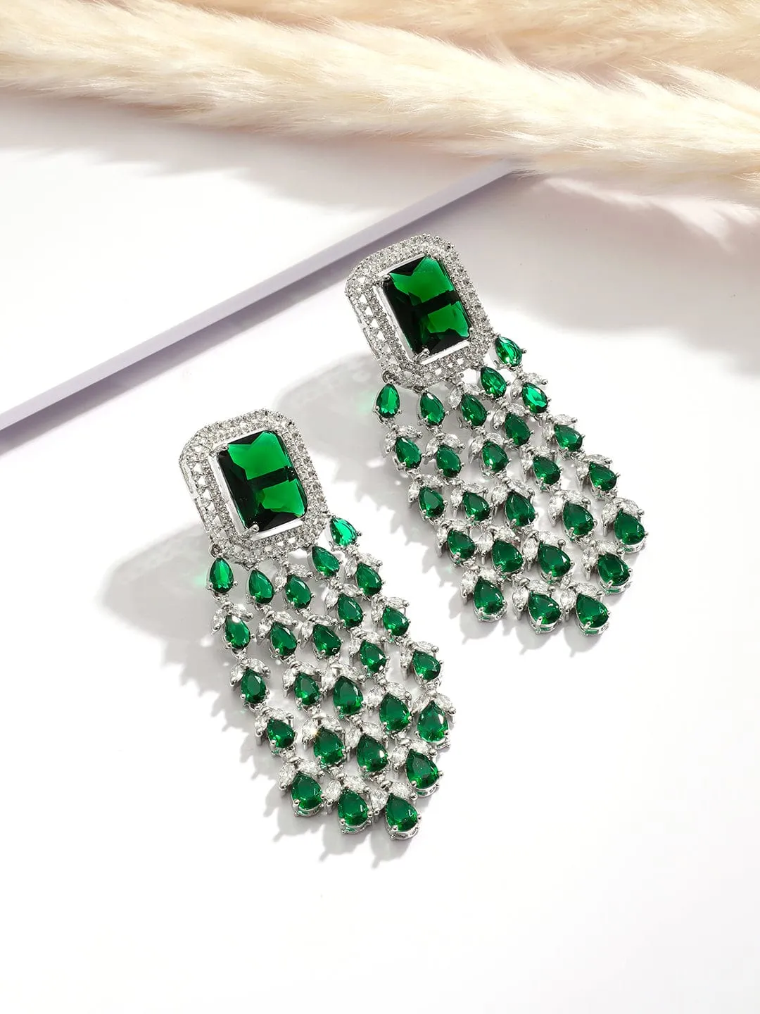 Rubans Silver-Plated Emerald Green & Cubic Zirconia Studded Luxurious Statement Multilayer Jewellery Set