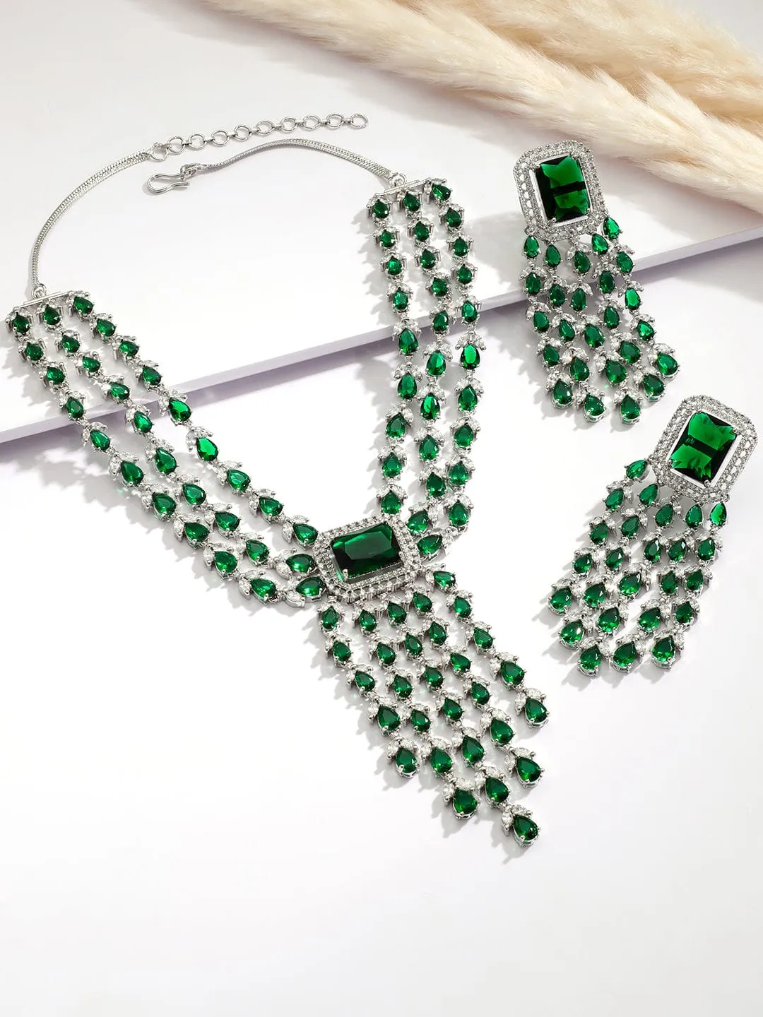 Rubans Silver-Plated Emerald Green & Cubic Zirconia Studded Luxurious Statement Multilayer Jewellery Set