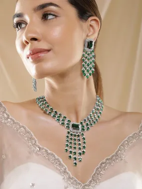 Rubans Silver-Plated Emerald Green & Cubic Zirconia Studded Luxurious Statement Multilayer Jewellery Set