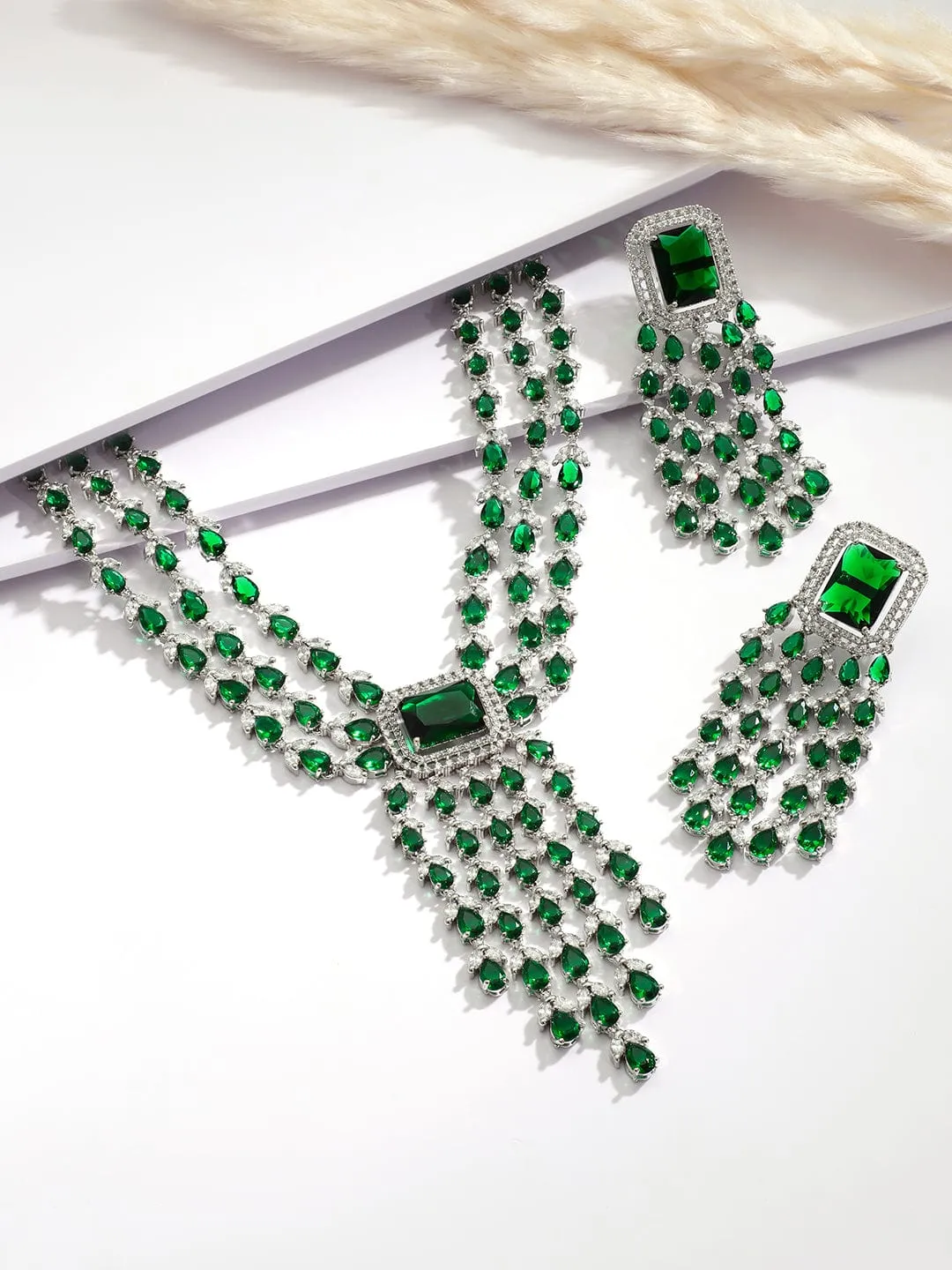 Rubans Silver-Plated Emerald Green & Cubic Zirconia Studded Luxurious Statement Multilayer Jewellery Set