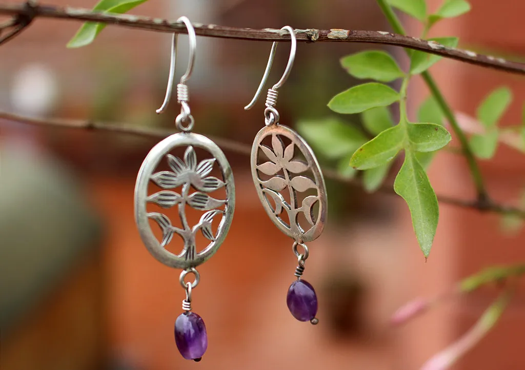 Silver Sterling Lotus Flower with Amethyst Drop Earrings