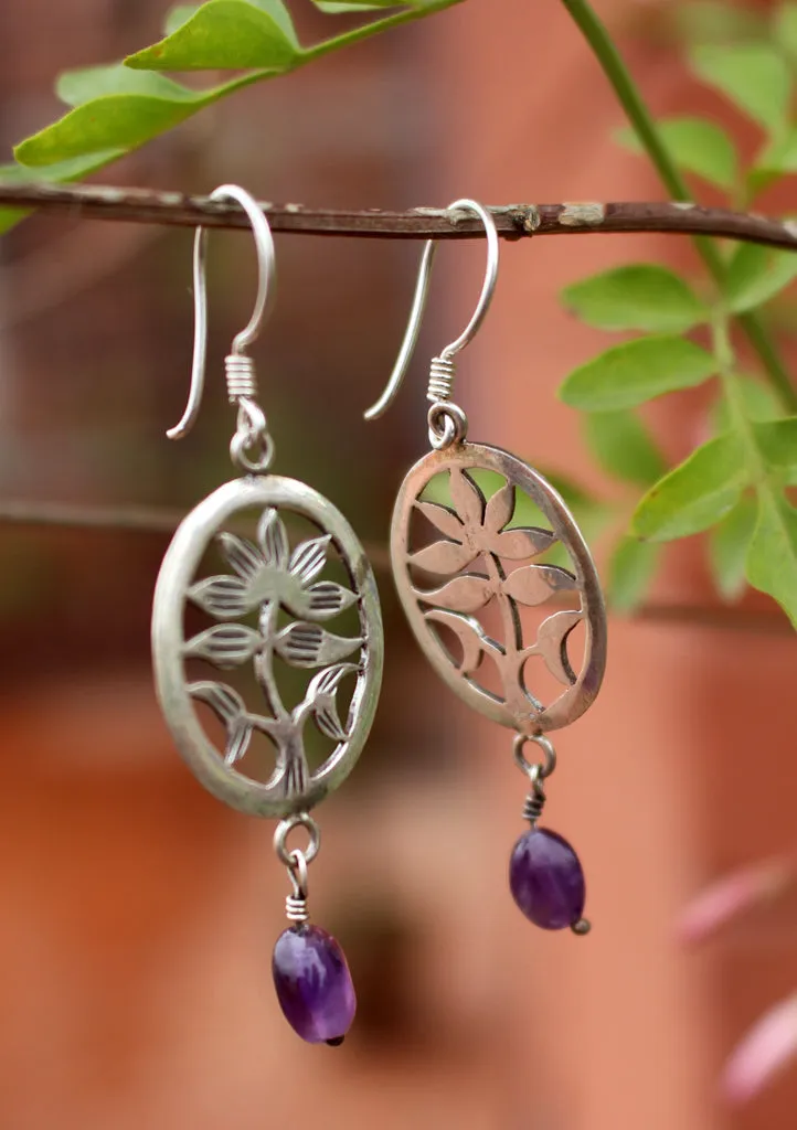 Silver Sterling Lotus Flower with Amethyst Drop Earrings