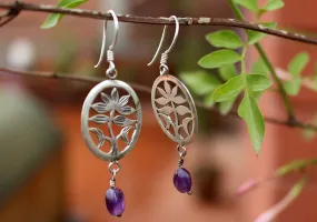 Silver Sterling Lotus Flower with Amethyst Drop Earrings
