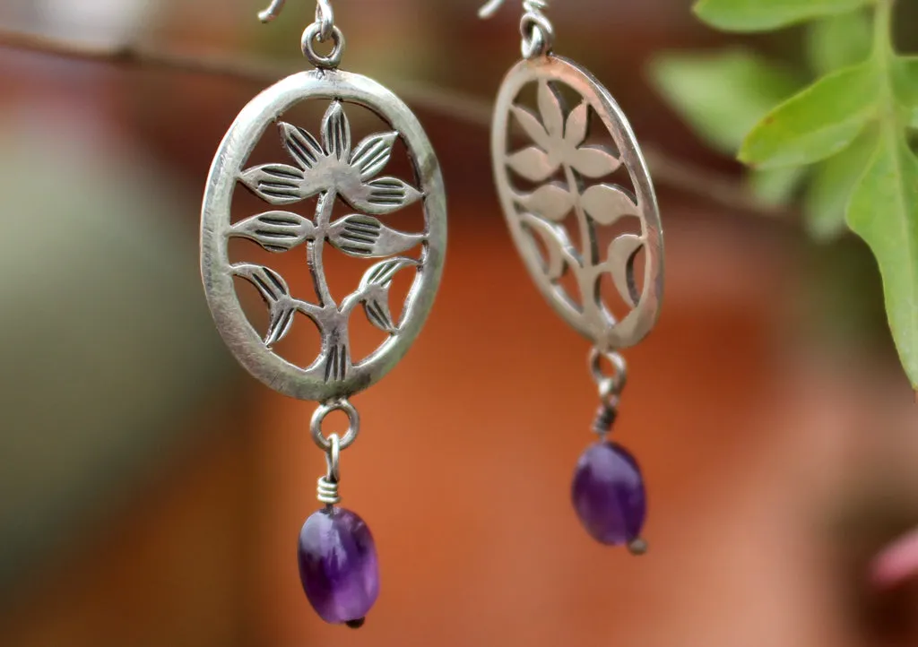Silver Sterling Lotus Flower with Amethyst Drop Earrings