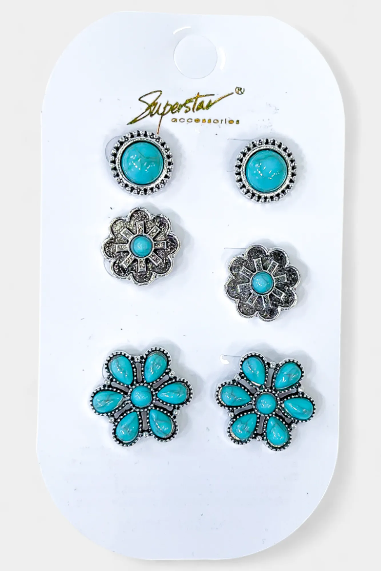 Silver Turquoise Flower Stud Earrings Set