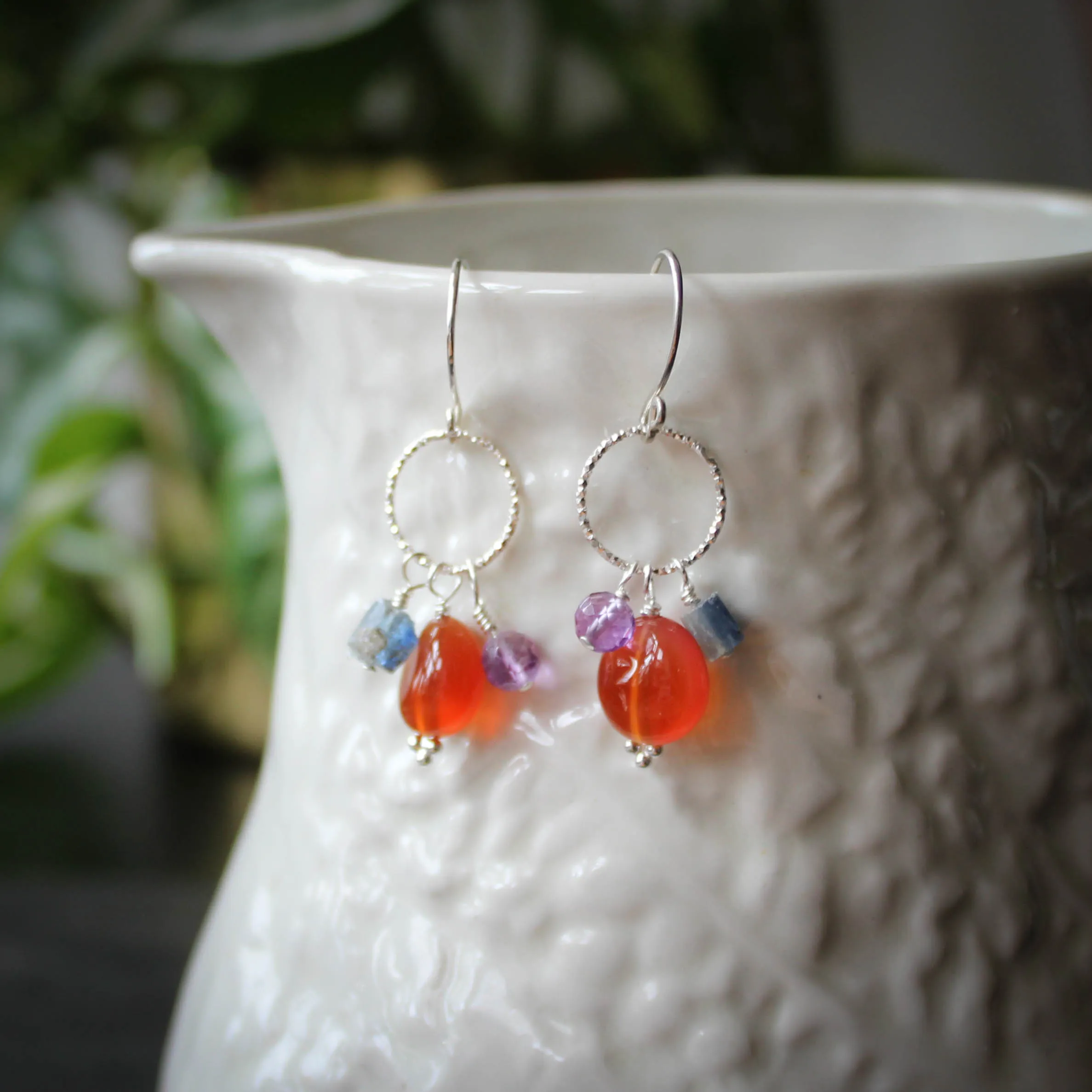 Solstice Cantrip Earrings in Sterling Silver with Carnelian, Kyanite and Amethyst