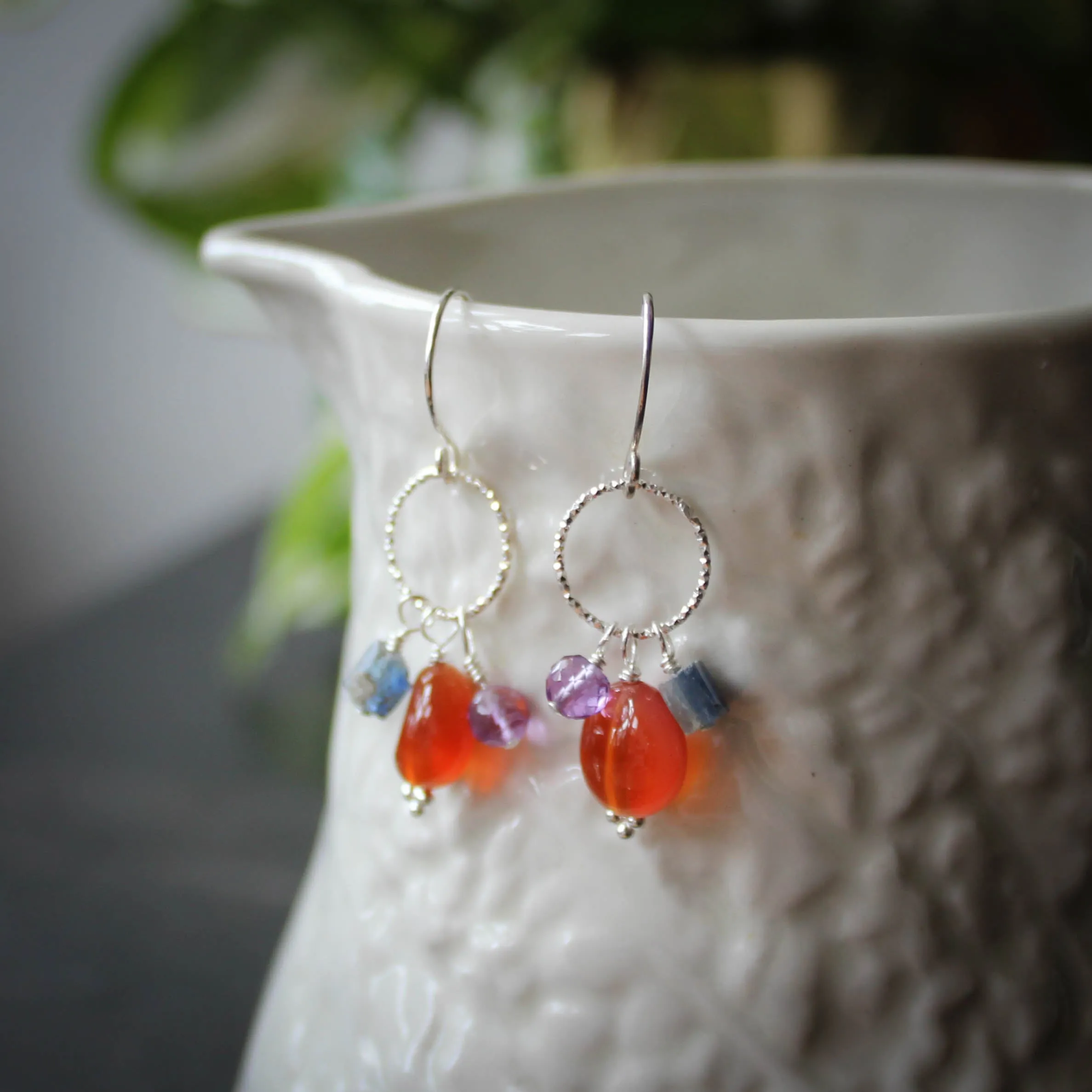 Solstice Cantrip Earrings in Sterling Silver with Carnelian, Kyanite and Amethyst