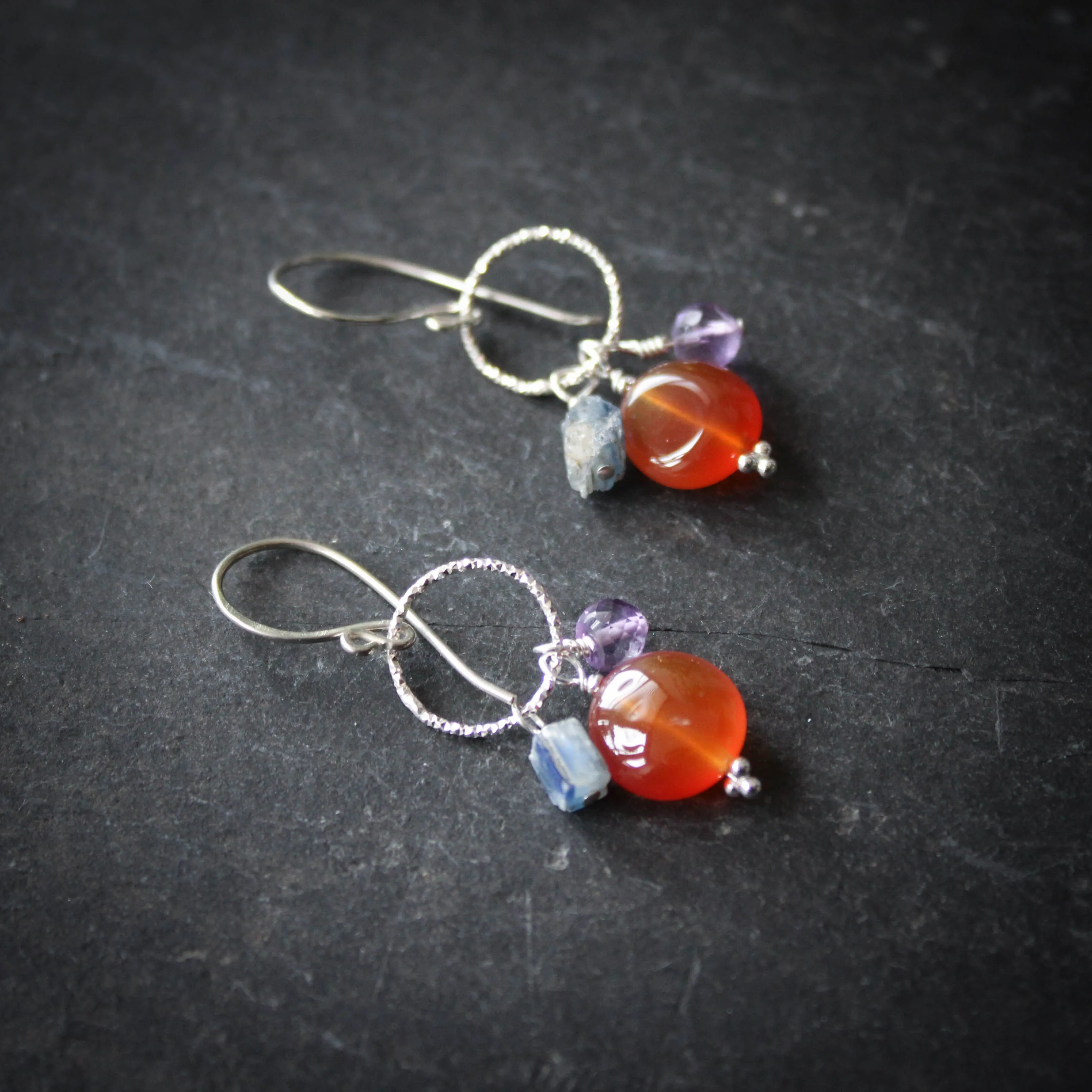 Solstice Cantrip Earrings in Sterling Silver with Carnelian, Kyanite and Amethyst