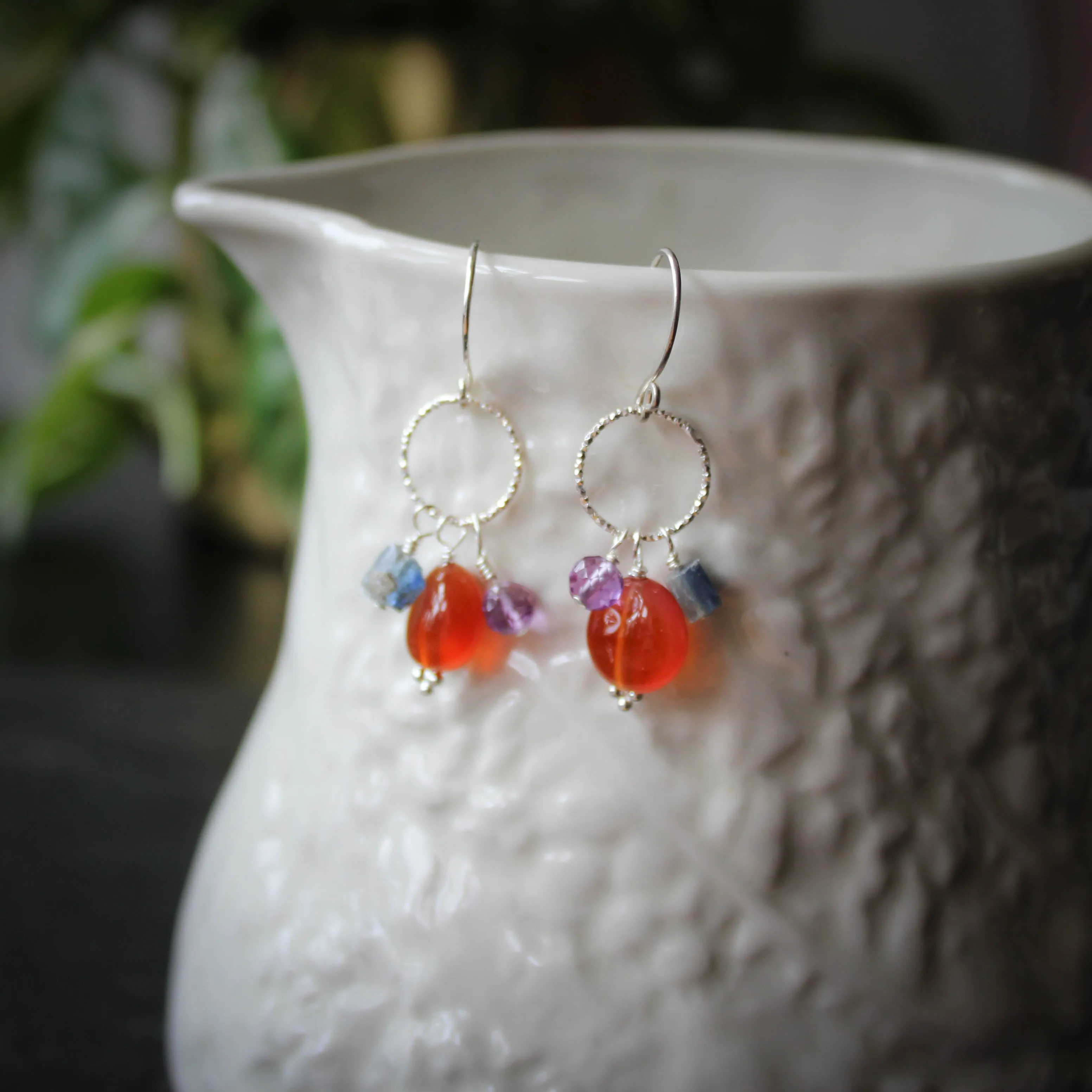 Solstice Cantrip Earrings in Sterling Silver with Carnelian, Kyanite and Amethyst