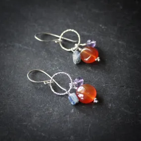 Solstice Cantrip Earrings in Sterling Silver with Carnelian, Kyanite and Amethyst