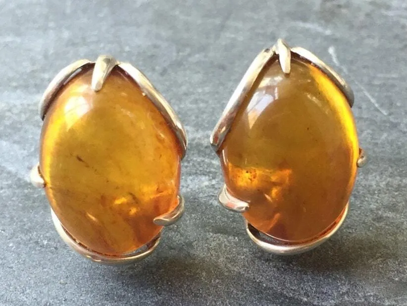 Statement Amber Earrings - Natural Amber Earrings - Large Vintage Silver Earrings