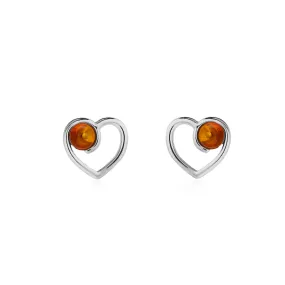 Sterling Silver Amber Ball Heart Stud Earrings